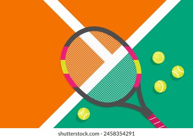 Stands on tennis court with tennis racket and tennis ball