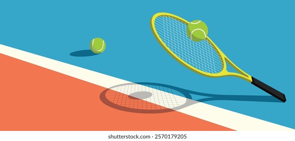 stands on tennis court with tennis racket and tennis ball