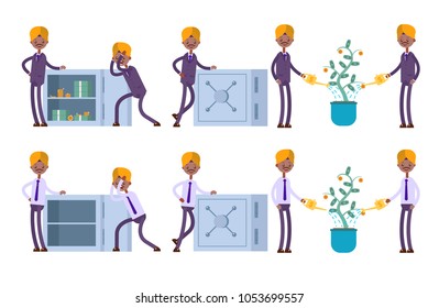 stands at the open safe full of money, the safe is closed. watering a money tree, leaves-dollars. indian businessman. cartoon character set