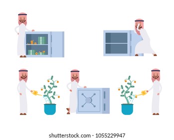 stands at the open safe full of money, the safe is closed. watering a money tree, leaves-dollars. Arab saudi businessman. cartoon character set