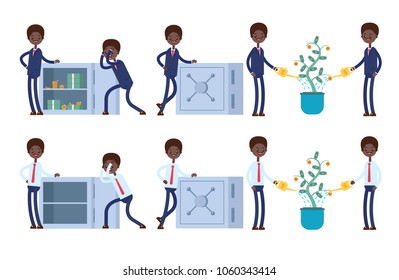 stands at the open safe full of money, the safe is closed. watering a money tree, leaves-dollars. Black businessman. cartoon character set