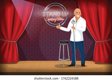 Stand-up comedian performing gig on stage. Smiling cartoon character on scene with microphone joking and entertaining on a night show Red curtains and wooden floor. Stand-up comedy show logo.