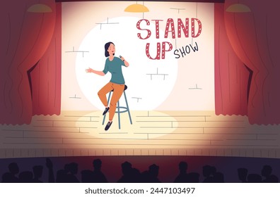 Standup comedian. Stand up person on stool speaking monologue at scene stand-up comedy humor show, laughing people performance theatre stage background classy vector illustration of comedian mic