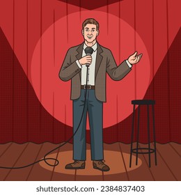 Stand-up comedy comedian man performing pinup pop art retro hand drawn vector illustration. Comic book style imitation.