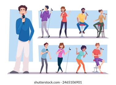 Standup comedy. Open mic joking show comedian characters in club stage exact vector cartoon illustrations