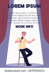 Stand-up comedy performance. Vector illustration in flat style featuring a comedian on stage in the spotlight. Advertising flyer design with text space.