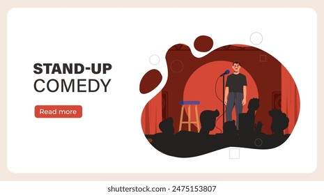 Comedy-Poster von Standup. Mann mit Mikrofon steht auf der Bühne und scherzt. Comedian erzählt Witze aus der Szene. Design der Zielwebseite. Cartoon flache Vektorillustration isoliert auf weißem Hintergrund