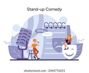 Stand-up Comedy set. Illustration captures the essence of humor with comedians delighting an unseen audience, evoking laughter and joy. Vector illustration