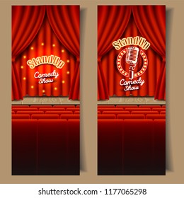 Stand-up comedy show banner template set. Vector realistic illustration of empty theater stage with red curtains, chairs for audience and microphone. Live show event backgrounds.