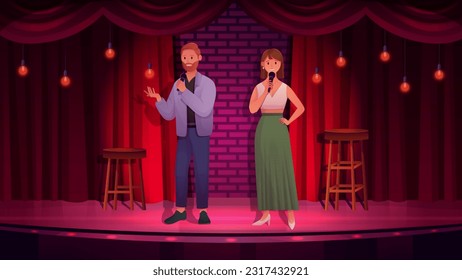 Standup, comedy show with comedians couple with mic on stage vector illustration. Cartoon male female speaker characters standing, comic man and woman with microphone joking in night club