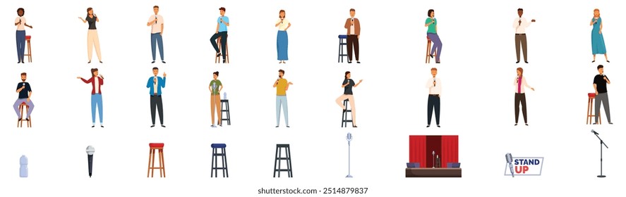 Standup comedy show icons set. Diverse group of stand up comedians is performing on stage, captivating the audience with their hilarious jokes and witty observations