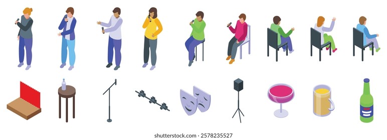 Standup comedy show icons set. Stand up comedy show elements with comedians performing, audience listening and enjoying drinks, isometric icons set