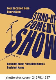 Standup comedy show poster. Light stage with microphone. Leaflet advertising. Big name. Vector flat illustration