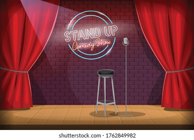 Stand-up Empty Stage. Scene Of A Comedy Club With Microphone, Red Curtains, Chair And Stand-up Comedy Show Logo On A Red Brick Wall,