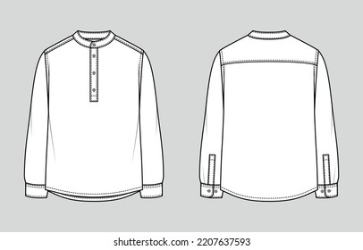 Stand  up (mandarin) collar   half plancket men's shirt  Regular Fit  Vector illustration  Flat technical sketch  Mockup template 	
