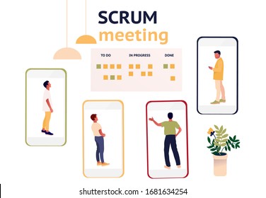 Stand-up meeting during covid-2019 quarantine vector illustration. Remote work. Home office. Agile and scrum methodology. Scrum master with developer team. Kanban whiteboard with stickers. 