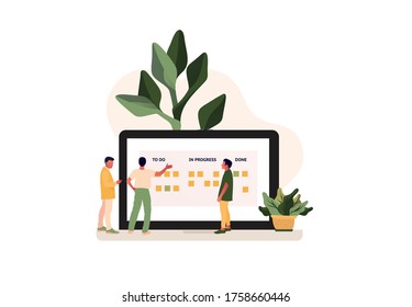 Stand-up meeting during covid-2019 quarantine vector illustration. Lockdown. Remote work. Home office. Agile and scrum methodology. Scrum master with developer team. Kanban whiteboard with stickers. 