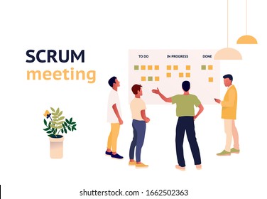 Stand-up meeting vector illustration. Agile and scrum methodology. Scrum master with developer team. Kanban whiteboard with stickers. Trendy flat style illustration.