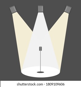Stand-up microphone illuminated by multiple spotlights with dark background