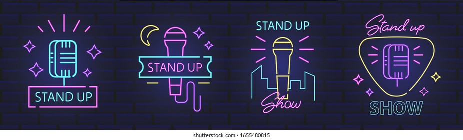 Standup neon signs and symbols. Comedy show event titles. Vector comedian perfomance icons set