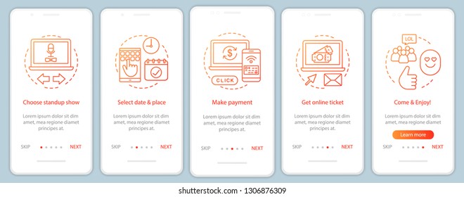 Standup onboarding mobile app page screen vector template. Show online ticket payment. Meeting event. Walkthrough website steps with linear illustrations. UX, UI, GUI smartphone interface concept