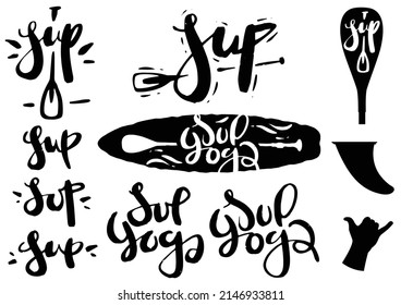 Stand-up paddle boarding - SUP design logo. SUP and SUPyoga lettering. Vector illustration