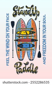 Ilustración vectorial de surf de remo de pie. Tabla de surf y paddle. Estilo Antiguas con detalles