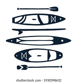 Stand-up paddle boards and paddles in different size and design. Vector Illustration for poster, t-shirt, print, sign, card. Black and white SUP silhouette.