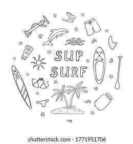 Iconos de doodle de tablero de aletas montados en un marco circular con texto de surf sup. Ilustración de vector blanco y negro dibujada a mano