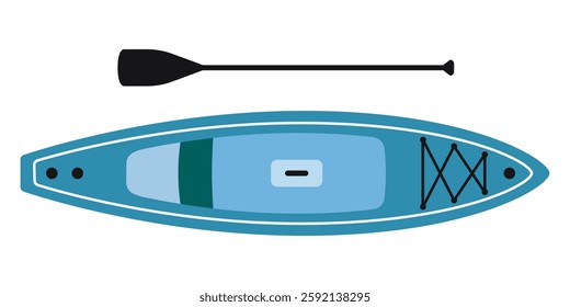 Stand-up Paddleboard, SUP board with paddle. Water sports and adventure content. Modern vector illustration isolated on white background, hand drawn, flat design