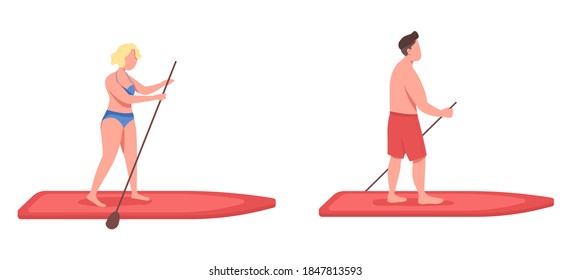 Standup paddleboarding flat color vector faceless character set. Sportsman on surfboard. Woman on board. Active lifestyle isolated cartoon illustration for web graphic design and animation collection