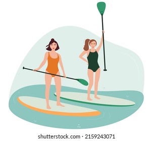 Ilustración vectorial plana Standup paddleboard, paro aislado, palas de remo, vectores planos, dos niñas en SUPs, niñas con tablas en el agua, actividad de agua vector plano, deportes de agua mujeres con remo