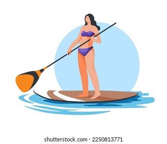 Standup paddleboarding, isolated woman wearing swimming suit standing on board with ore. Sportive female character on vacation. Summer activity and active lifestyle by seaside. Vector in flat style