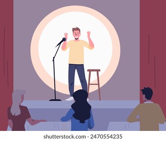 Stand-up performance. The vector illustration shows a comedian with a microphone on stage and a spotlight on, entertaining the audience with humorous stories.