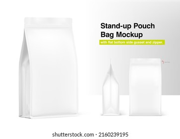 Stand-up pouch bag with flat bottom side gusseted and zipper. 
Realistic mockup. Front, side and isometric view. Perfect for the presentation your product. EPS10.