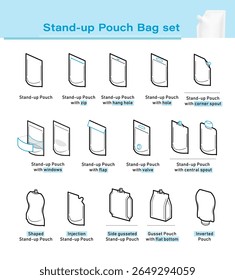 Conjunto de ícone de bolsa de stand-up. Definir a classificação de tipos de embalagem de saco de bolsa. Elementos vetoriais são feitos com alto contraste, bem adaptados a diferentes escalas. Pronto para uso no seu design. EPS10