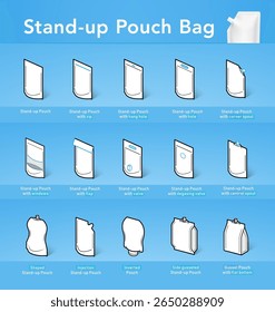 Conjunto de ícone de bolsa de stand-up. Definir a classificação de tipos de embalagem de saco de bolsa. Elementos vetoriais são feitos com alto contraste, bem adaptados a diferentes escalas. Pronto para uso no seu design. EPS10