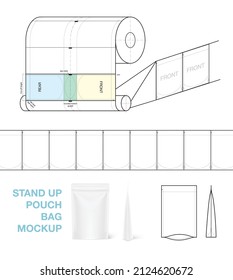 Stand-up pouch bag mockup with folding scheme. Vector illustration isolated on white background. Front and side view. Perfect for final packshot. EPS10.	