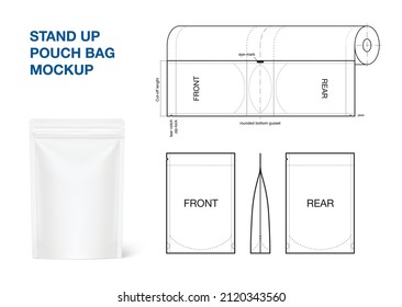 Stand-up pouch bag mockup with layout. Vector illustration isolated on white background. Front view. Great for presenting a future product. EPS10.	