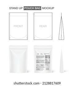 Stand-up pouch bag mockup. Vector illustration isolated on white background. Front and side view. Perfect for final packshot. EPS10.	