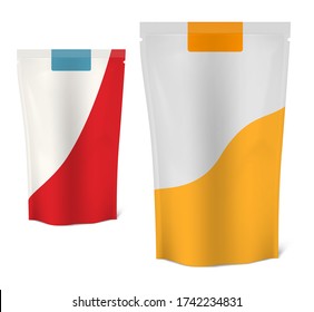 Stand-up retort pouch, vector mockup. Poly gusseted vacuum bag. Flexible plastic food package, template.