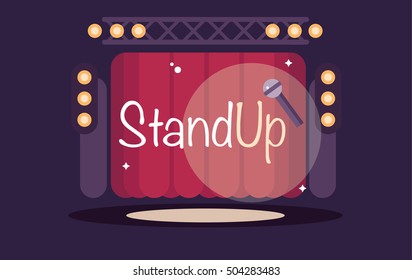 Standup show design flat. Microphone on stage. Vector illustration