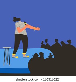 Standup Show. Female Comic Performing On A Stage. Comedian.  Vector Flat Characters Illustration.