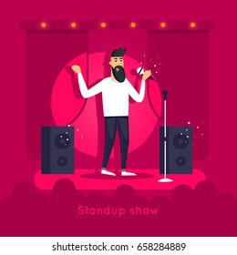 Stand-up show. Guy is performing on stage. Character design. Flat vector illustration.