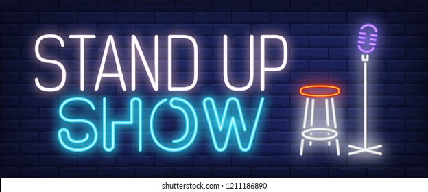 Standup show neon sign. Microphone and stool. Comedy show, performance, concert. Night bright advertisement. Vector illustration in neon style for entertainment, nightlife, show business