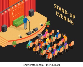 Stand-Up Show Scene and Auditorium with Public Isometric View Comedy Performance Entertainment Design. Vector illustration of Comedian Event