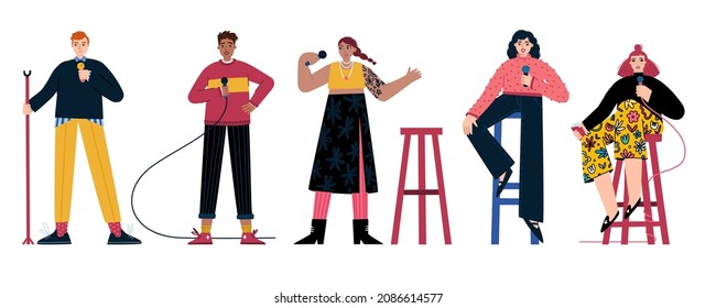 Stand-up show set. Speech by men and girls with a microphone. Character design. Vector.