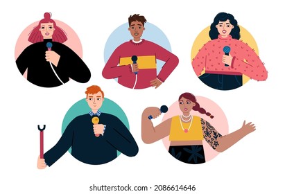 Stand-up show set. Speech by men and girls with a microphone. Character design. Vector.