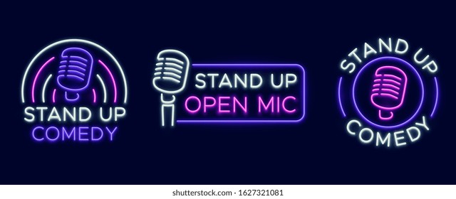 Standup Show Signs. Neon Comedy Club And Open Microphone Icons. Comedian Entertainment And Event Vector Symbols