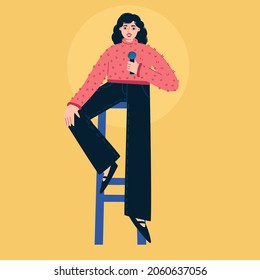 Stand-up show. Speech by a girl with a microphone. Character design. Vector.